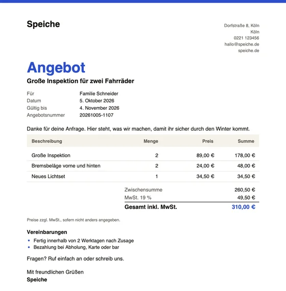 Angebot: PDF mit MwSt. und Platzhaltern