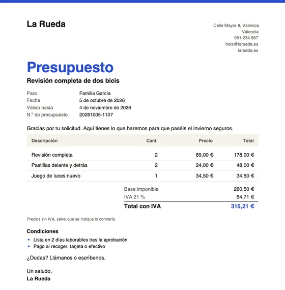 Presupuesto: PDF con IVA y huecos por rellenar
