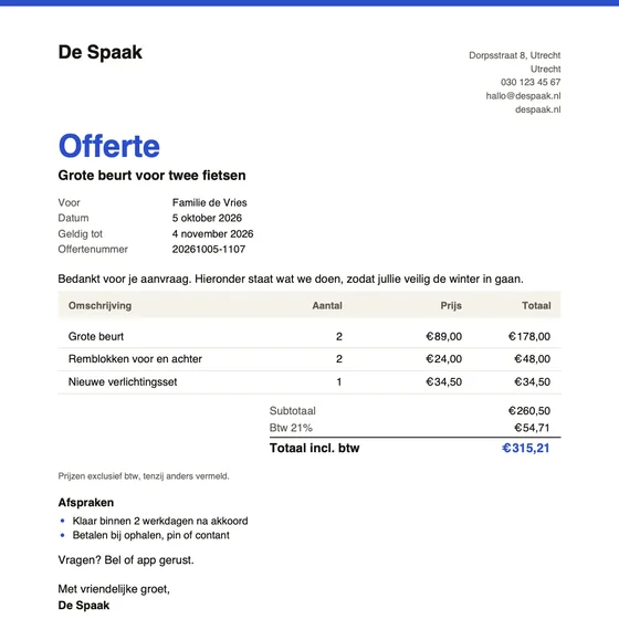 Offerte: PDF met btw en invulplekken